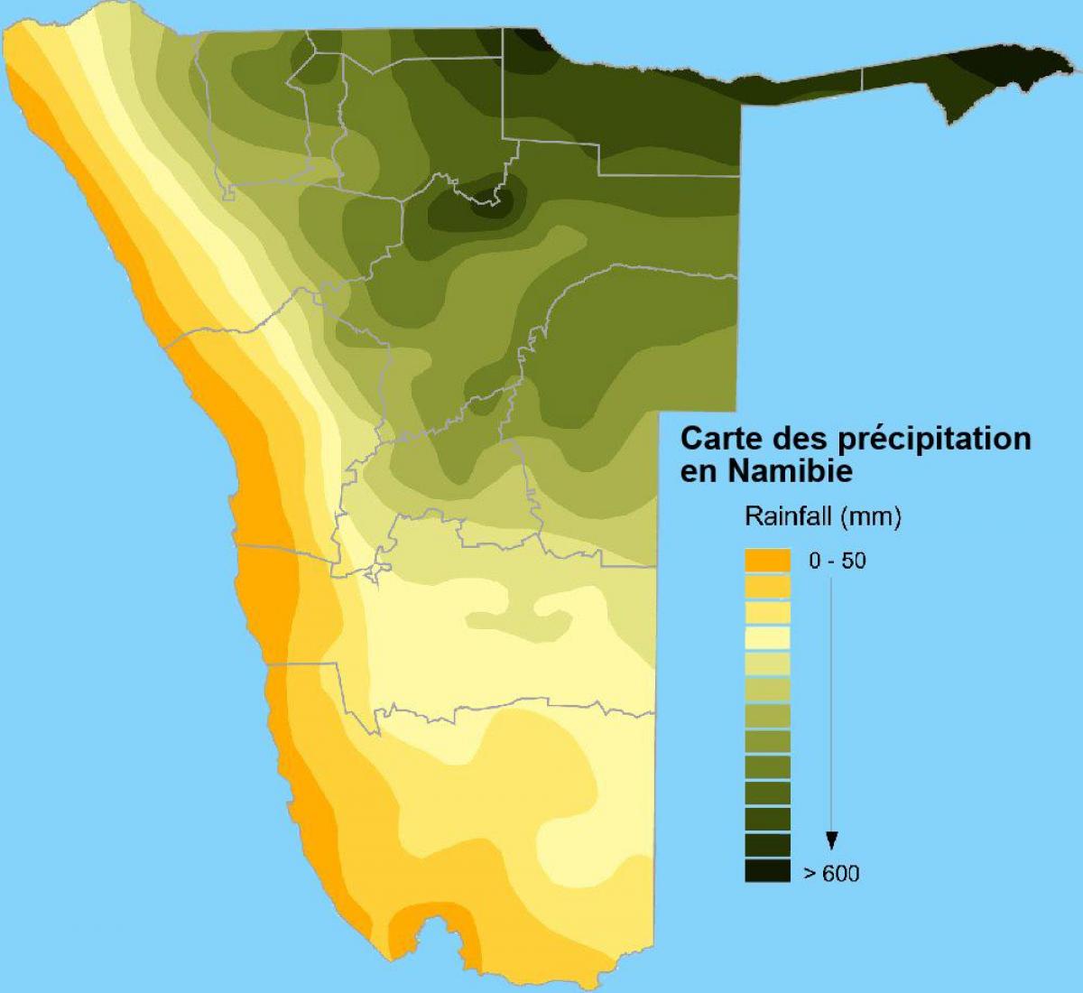 Žemėlapis Namibija kritulių kiekis