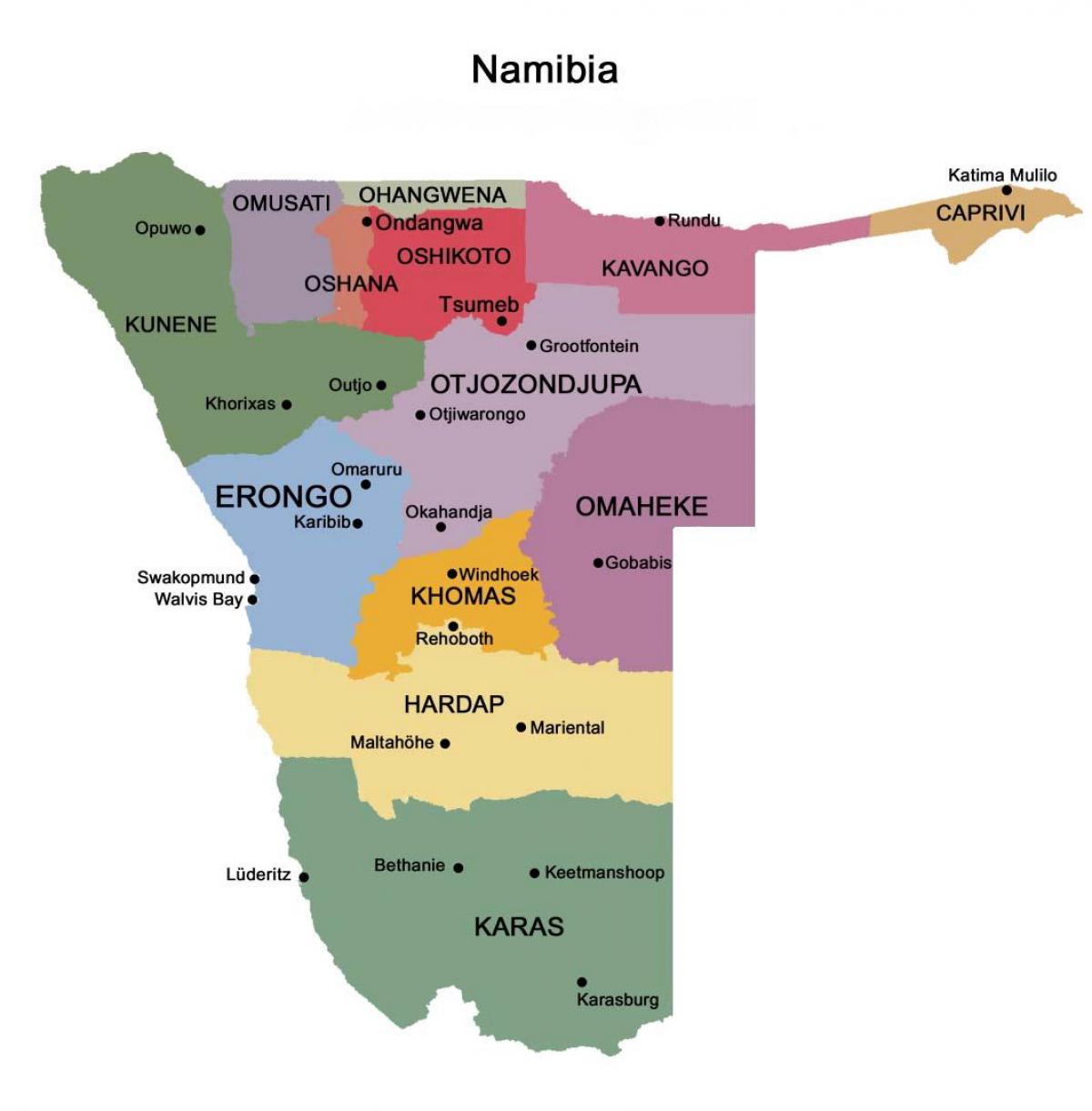 Žemėlapis Namibija su regionais