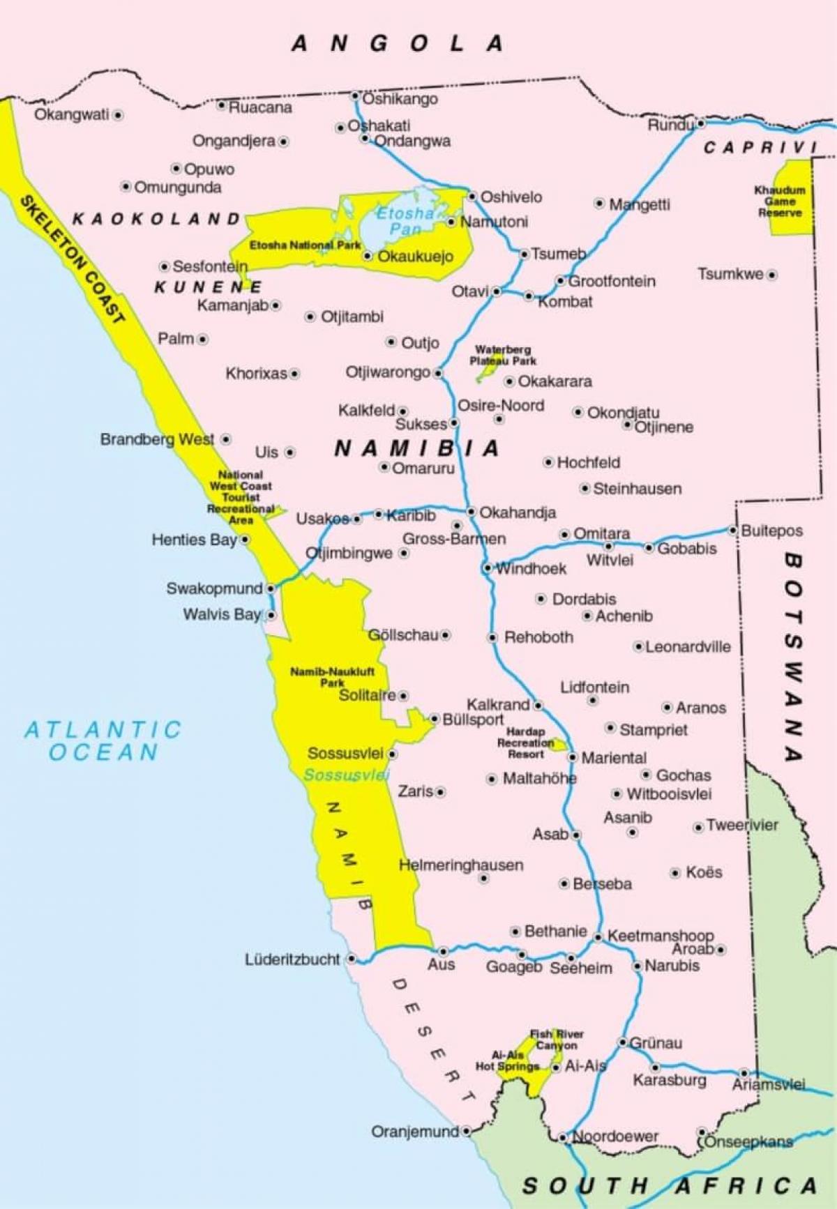 Žemėlapis Namibija, rodantis miestų