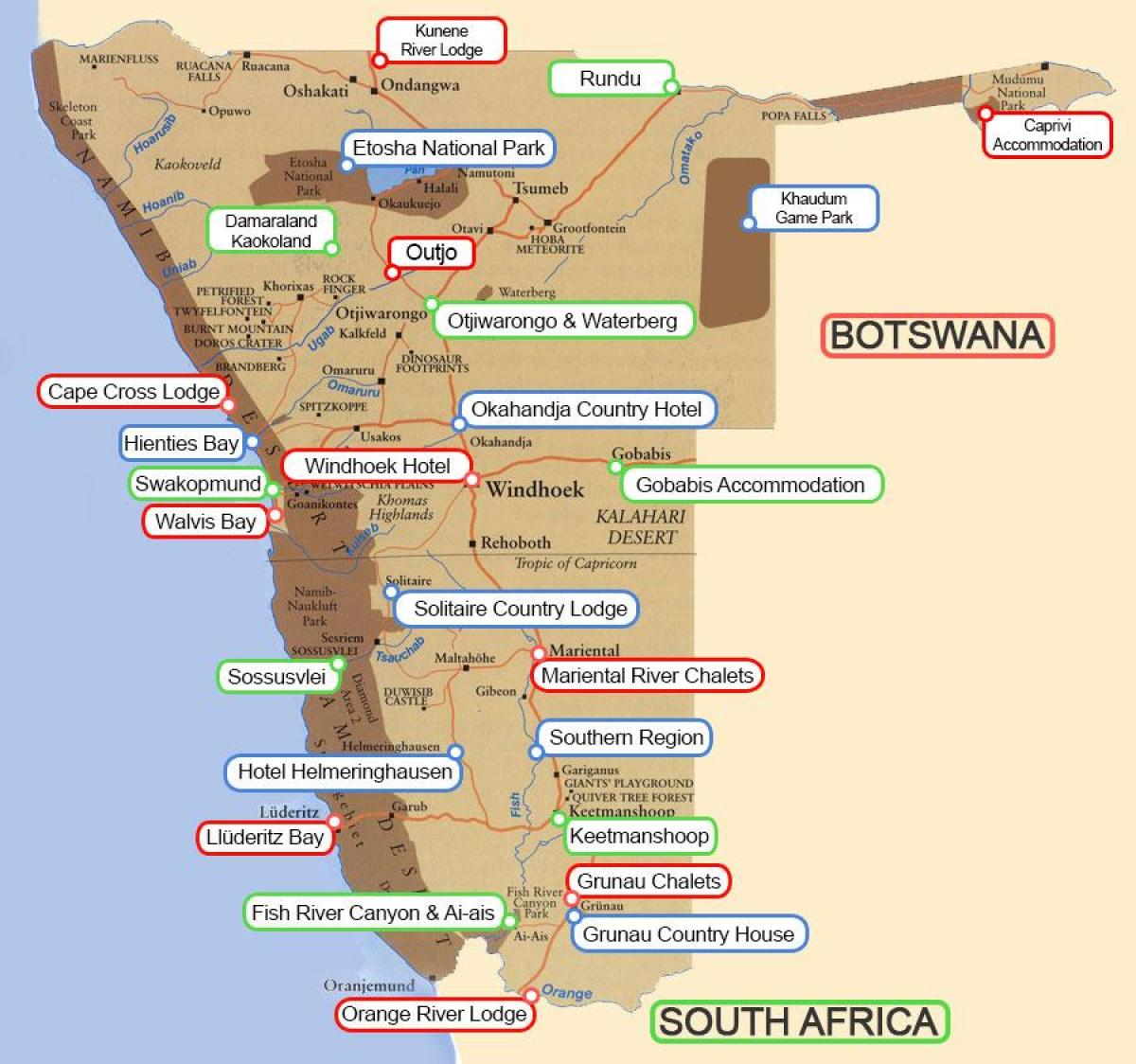 stovyklavietėse, Namibija žemėlapyje